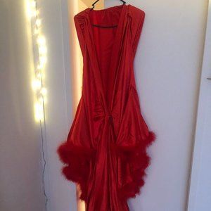 Elegant Red Women's Robe with Feather Trim